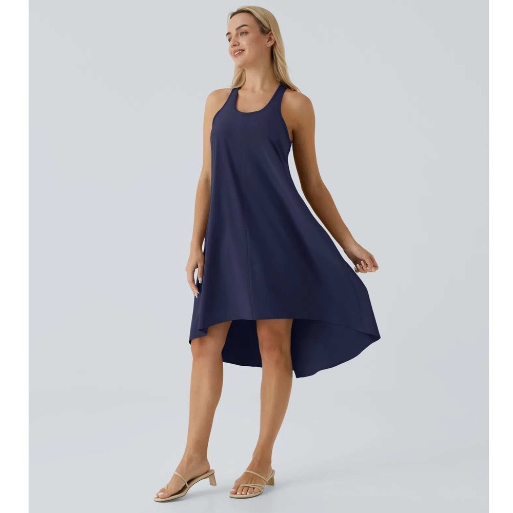 Halara Breezeful RacerPocket High Low Flowy Midi Dress Navy Blue Large NWT